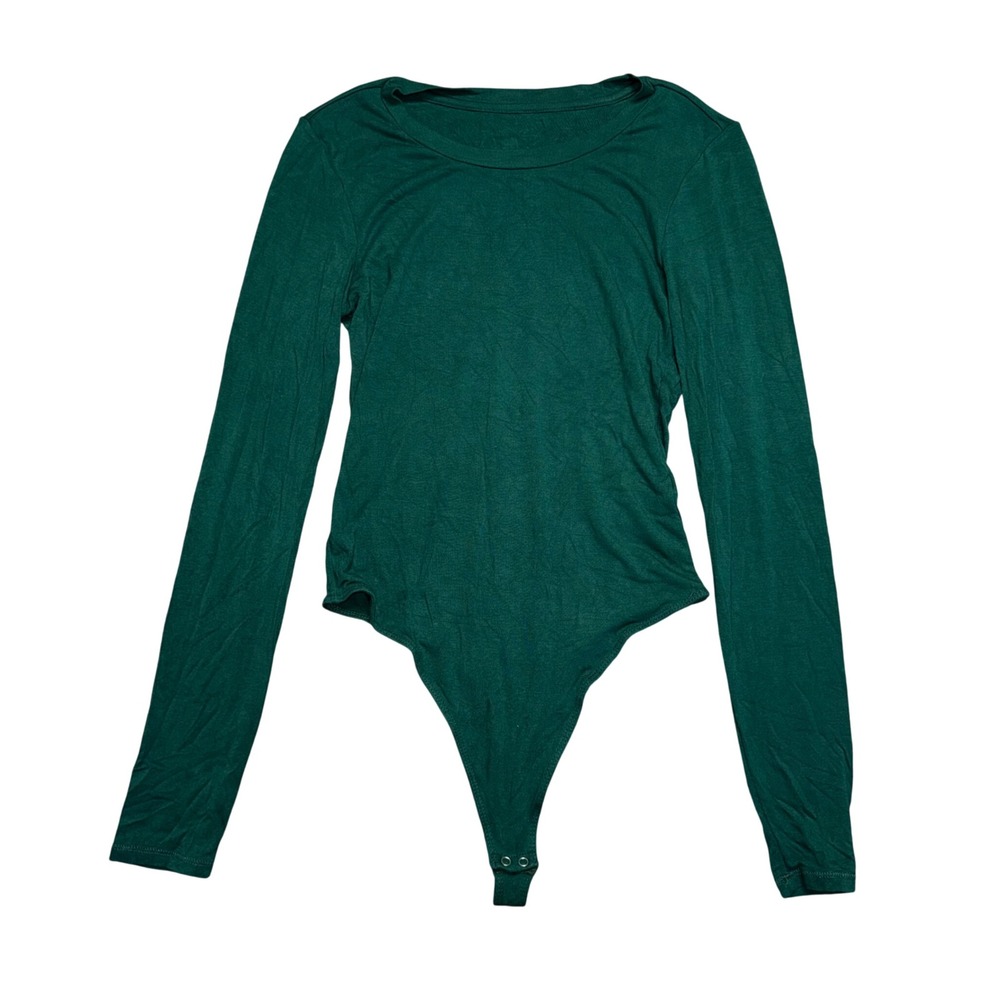 Vitality Bodysuit Womens Medium Green Excellent Long Sleeve Crew Neck Thong Snap